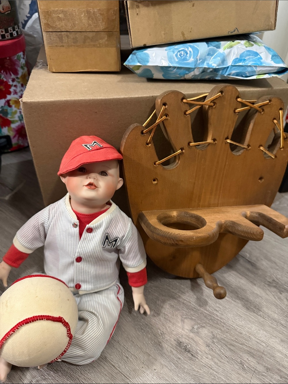 Vintage Porcelain Baby Doll in Red & White Baseball Outfit